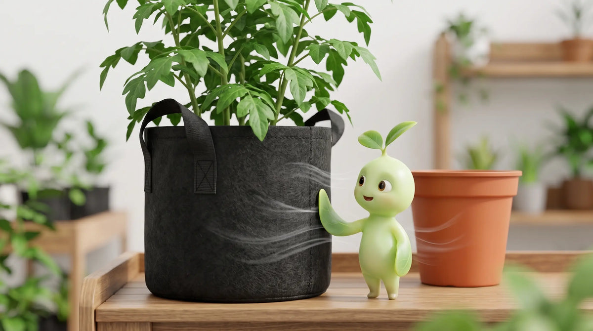Pip the Herb-Connect seedling mascot presses a leaf-hand to the wall of a black fabric grow bag holding a healthy tomato plant, air passing through the breathable fabric, beside a plain rigid pot.