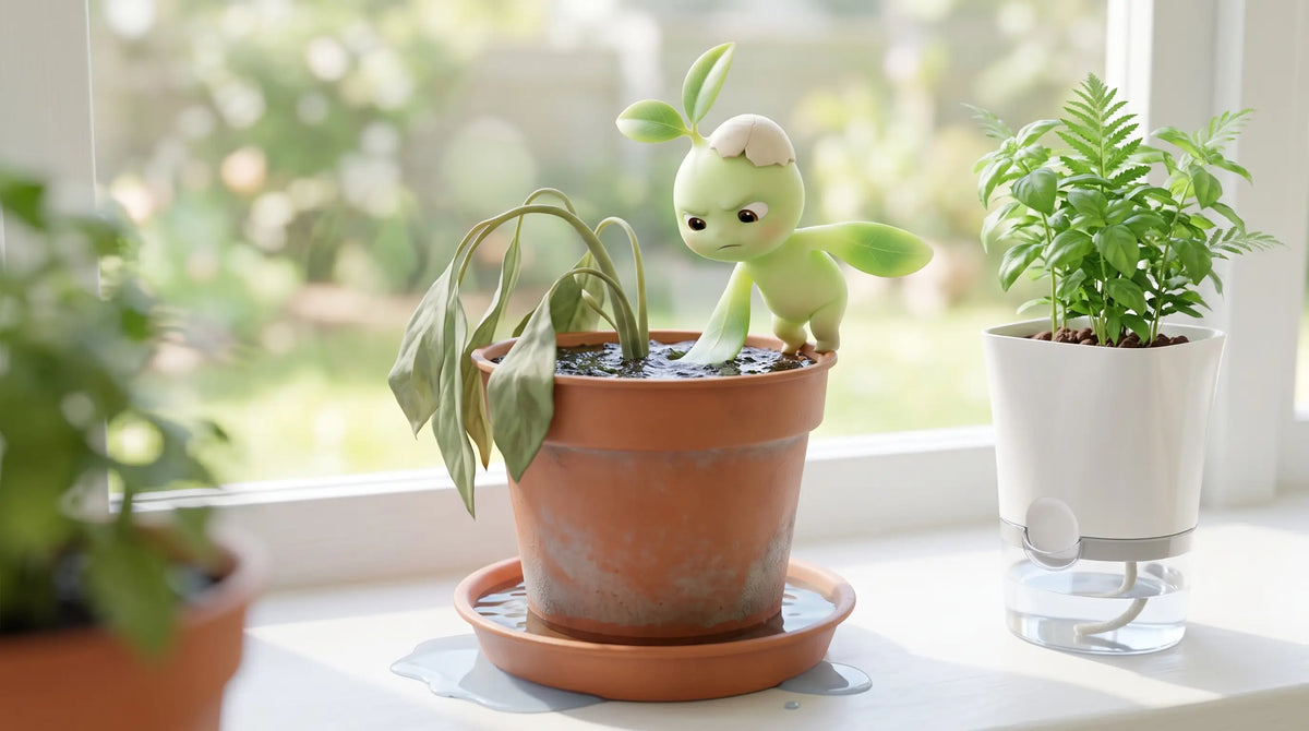 Pip the Herb-Connect seedling mascot dips a leaf-hand into the waterlogged soil of a drooping potted plant, water pooling in its saucer, beside a thriving herb in a white self-watering wick planter.