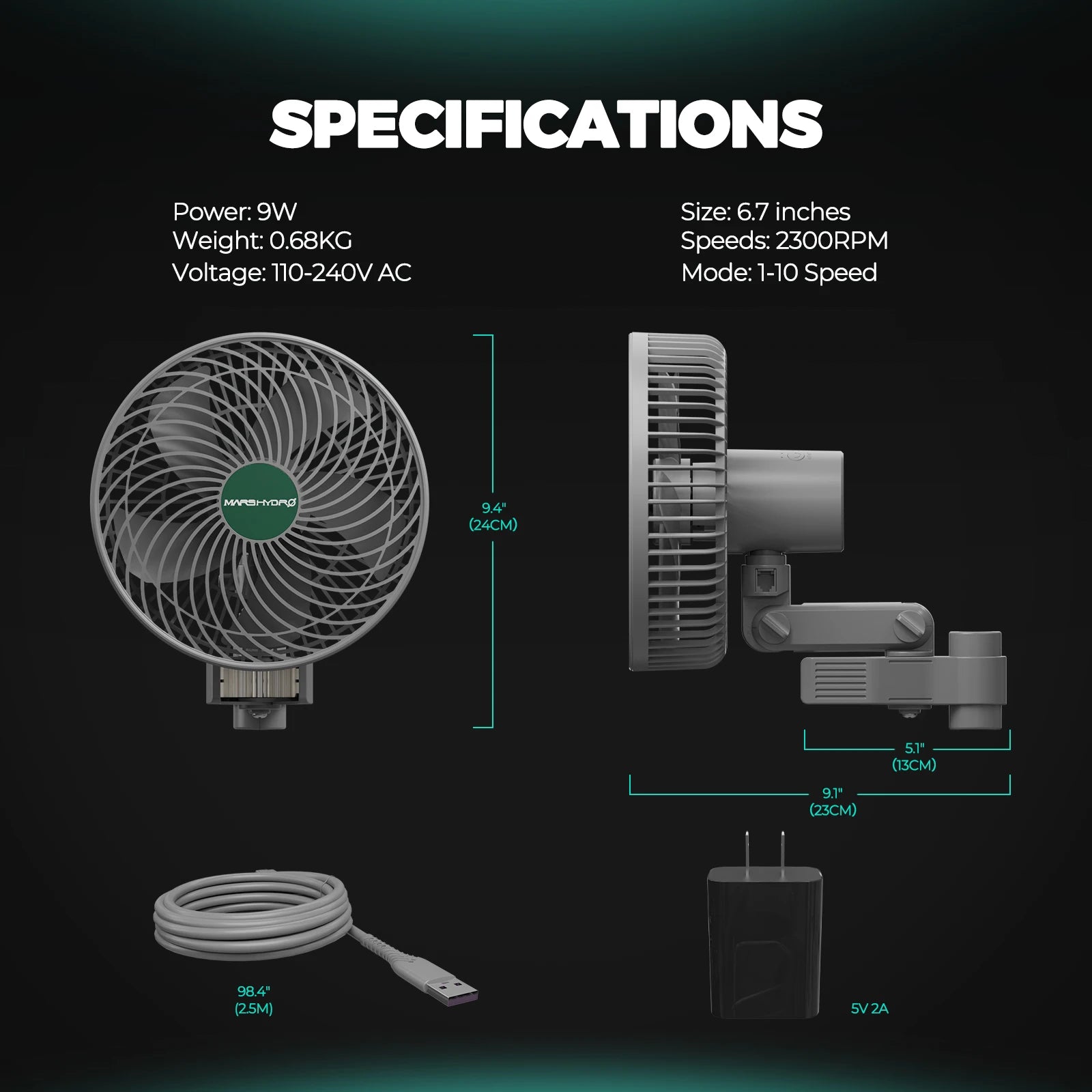 6-Inch Clip-On Oscillating Fan with EC Motor – Adjustable 10-Speed Air Circulation for Grow Tents