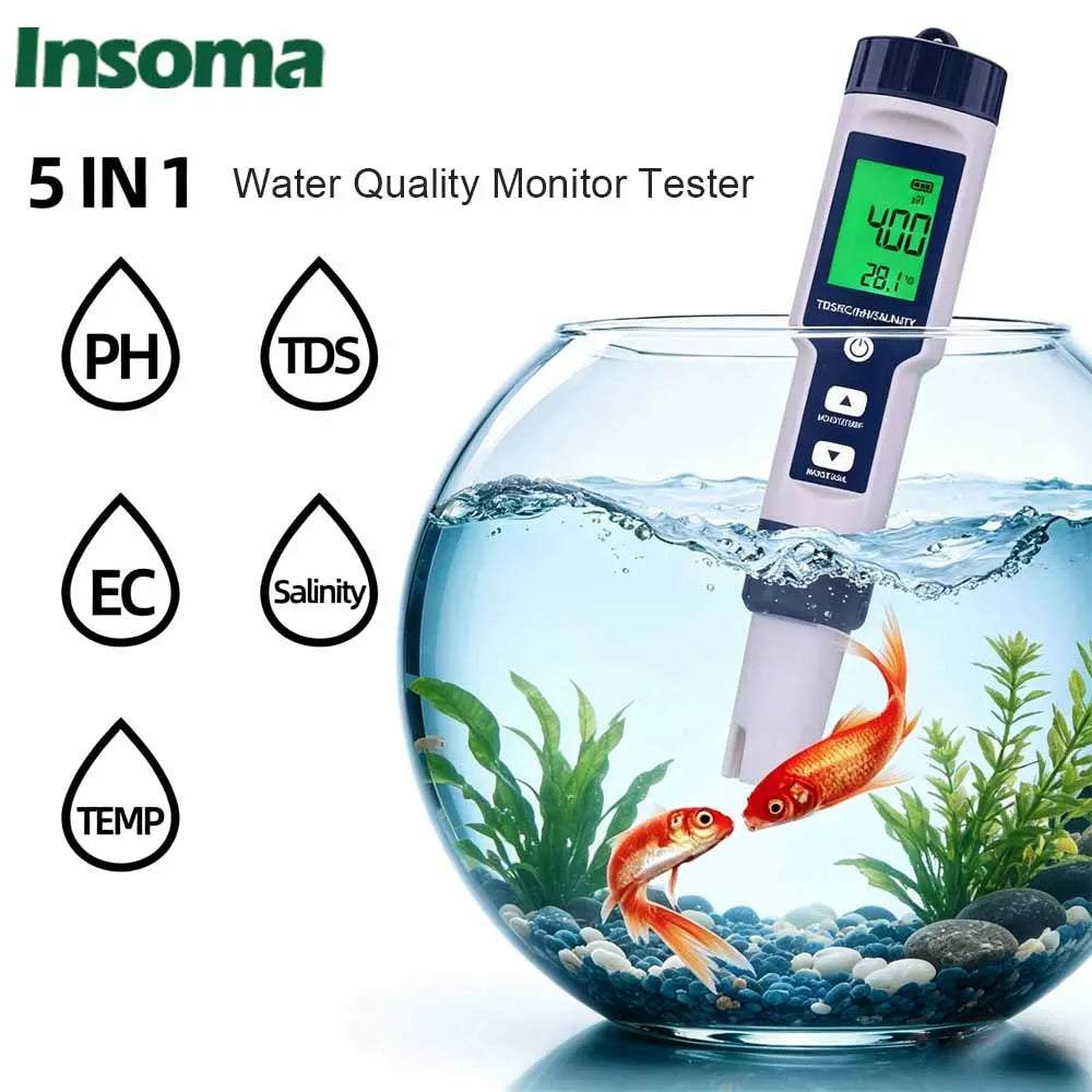 5-in-1 Digital Water Quality Tester Pen | pH, TDS, EC & Temperature Meter with Backlit Display