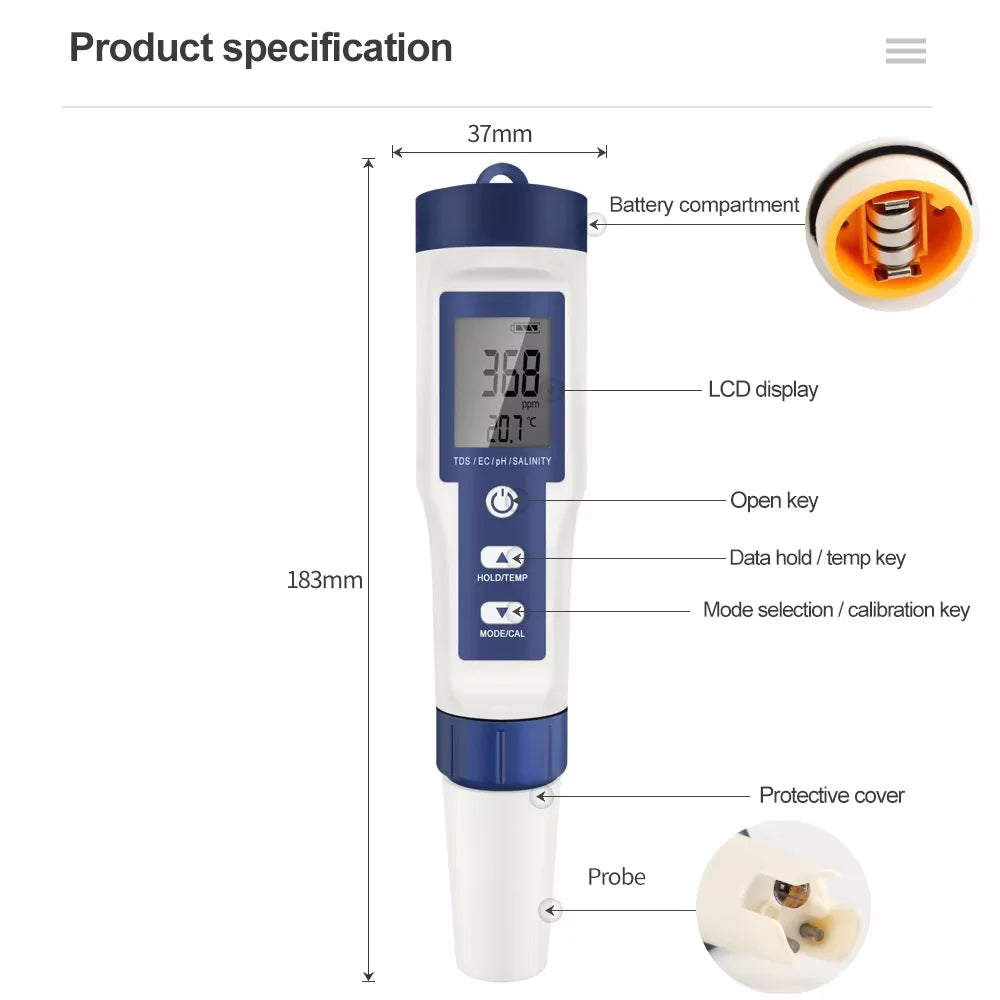 5-in-1 Digital Water Quality Tester Pen | pH, TDS, EC & Temperature Meter with Backlit Display
