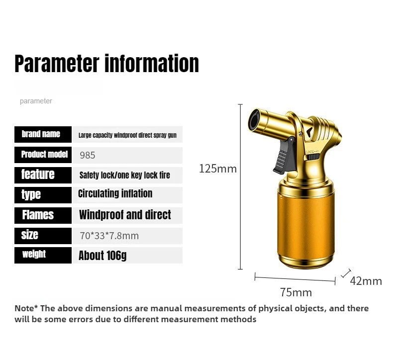 Large Capacity Spray Gun Lighter | Windproof Refillable Jet Flame Torch
