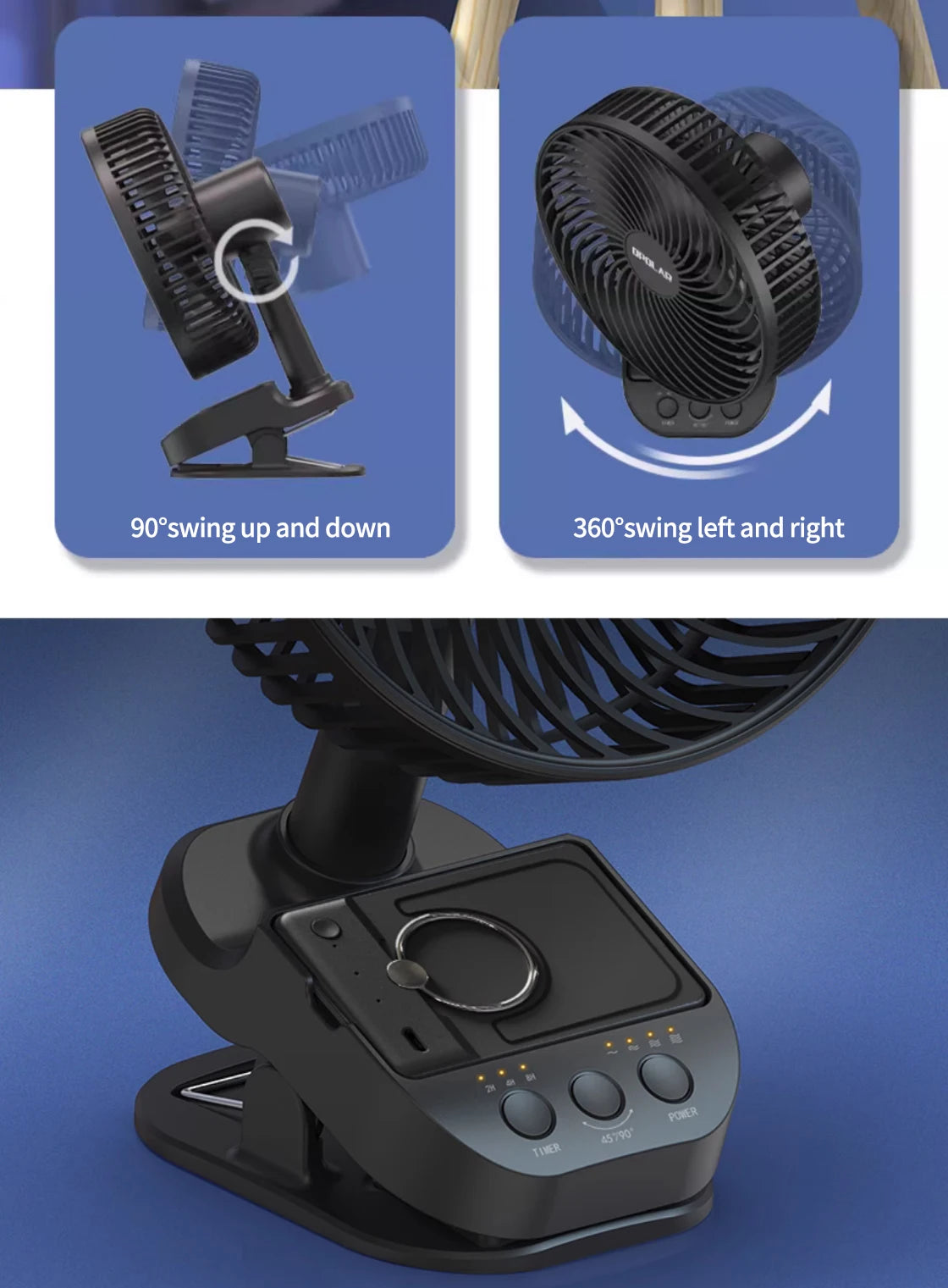 OPOLAR Rechargeable 8-Inch Portable Clip Fan | Auto Oscillation, Removable Battery & Mini Power Bank