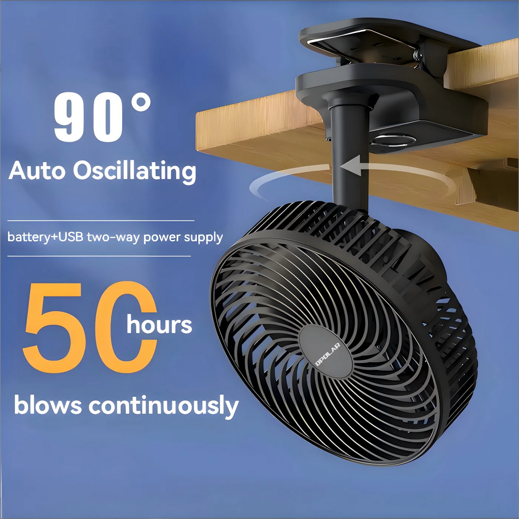 OPOLAR Rechargeable 8-Inch Portable Clip Fan | Auto Oscillation, Removable Battery & Mini Power Bank