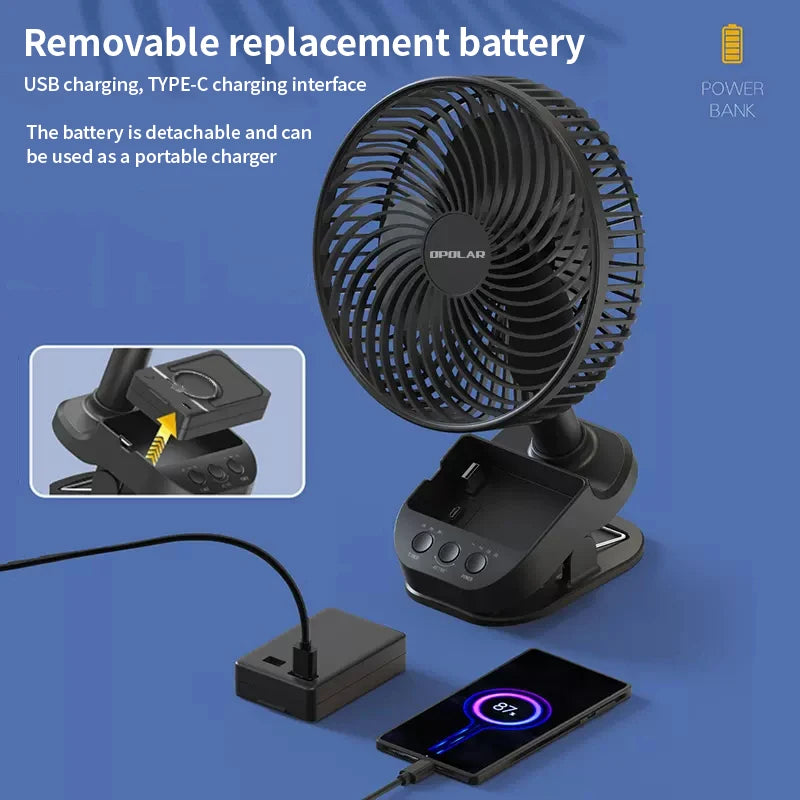 OPOLAR Rechargeable 8-Inch Portable Clip Fan | Auto Oscillation, Removable Battery & Mini Power Bank