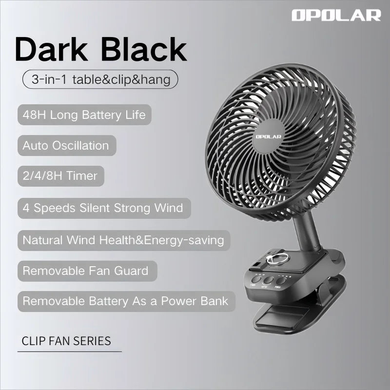 OPOLAR Rechargeable 8-Inch Portable Clip Fan | Auto Oscillation, Removable Battery & Mini Power Bank